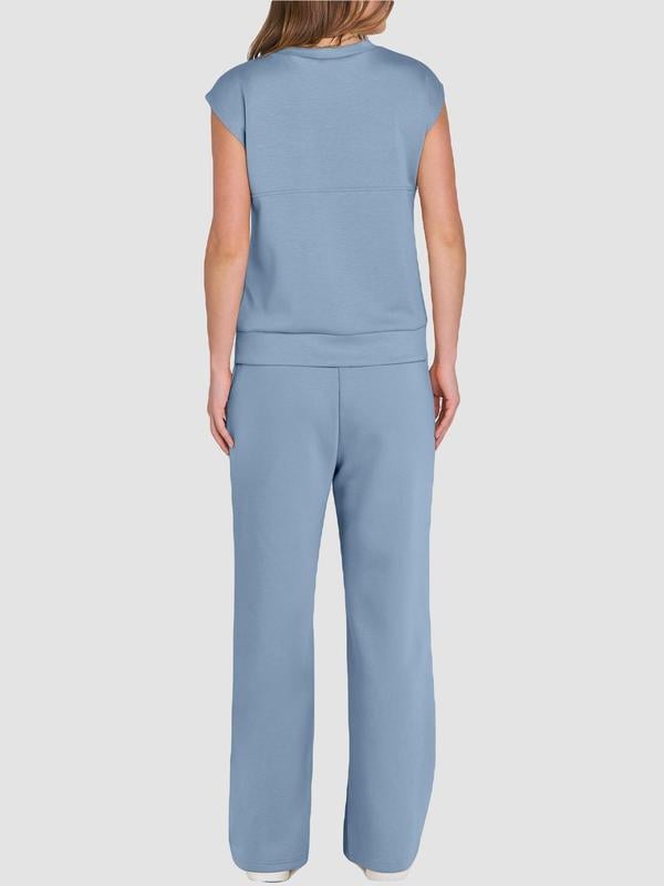 Zweiteiliges Damen-Set aus einfarbigem Tanktop und weiten Hosen mit Kordelzug