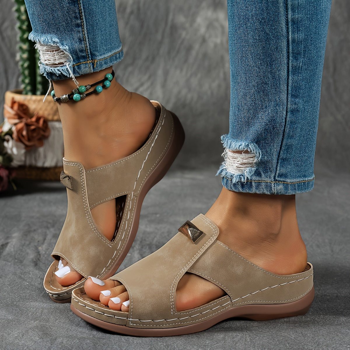 Damen Sommer Retro-Sandalen mit Keilabsatz & mattierter Textur