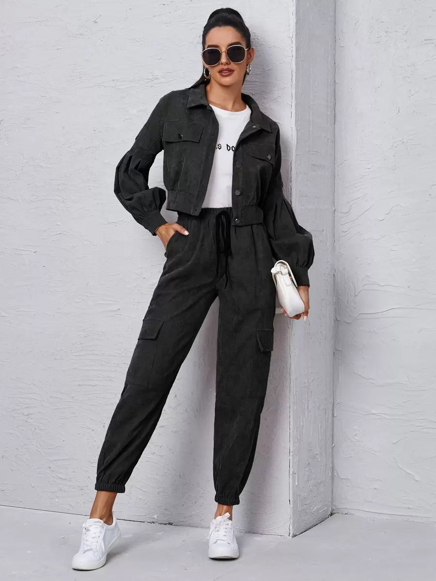 Lässiges & stilvolles Kord-Zweiteiler Set mit Kordjacke & Cargohose