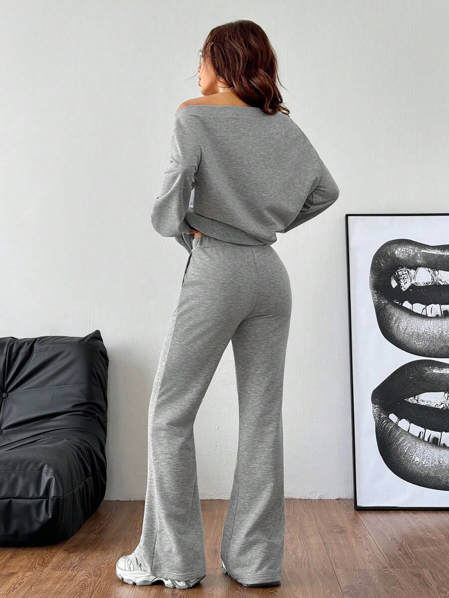 Lässiger Damen-Zweiteiler – Off-Shoulder Sweatshirt & Schlaghose