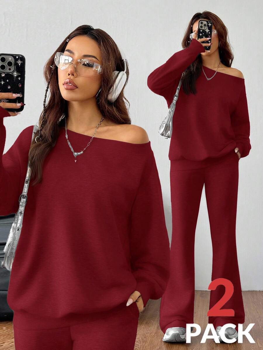 Lässiger Damen-Zweiteiler – Off-Shoulder Sweatshirt & Schlaghose