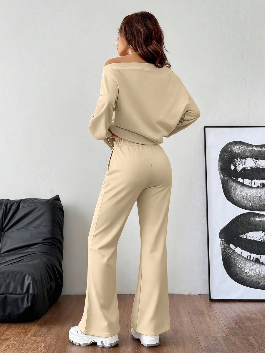 Lässiger Damen-Zweiteiler – Off-Shoulder Sweatshirt & Schlaghose