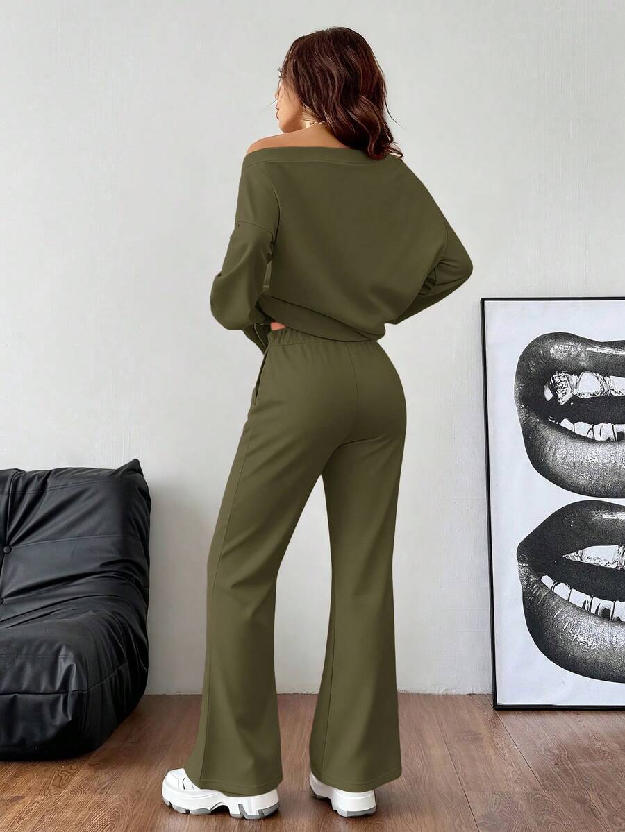 Lässiger Damen-Zweiteiler – Off-Shoulder Sweatshirt & Schlaghose