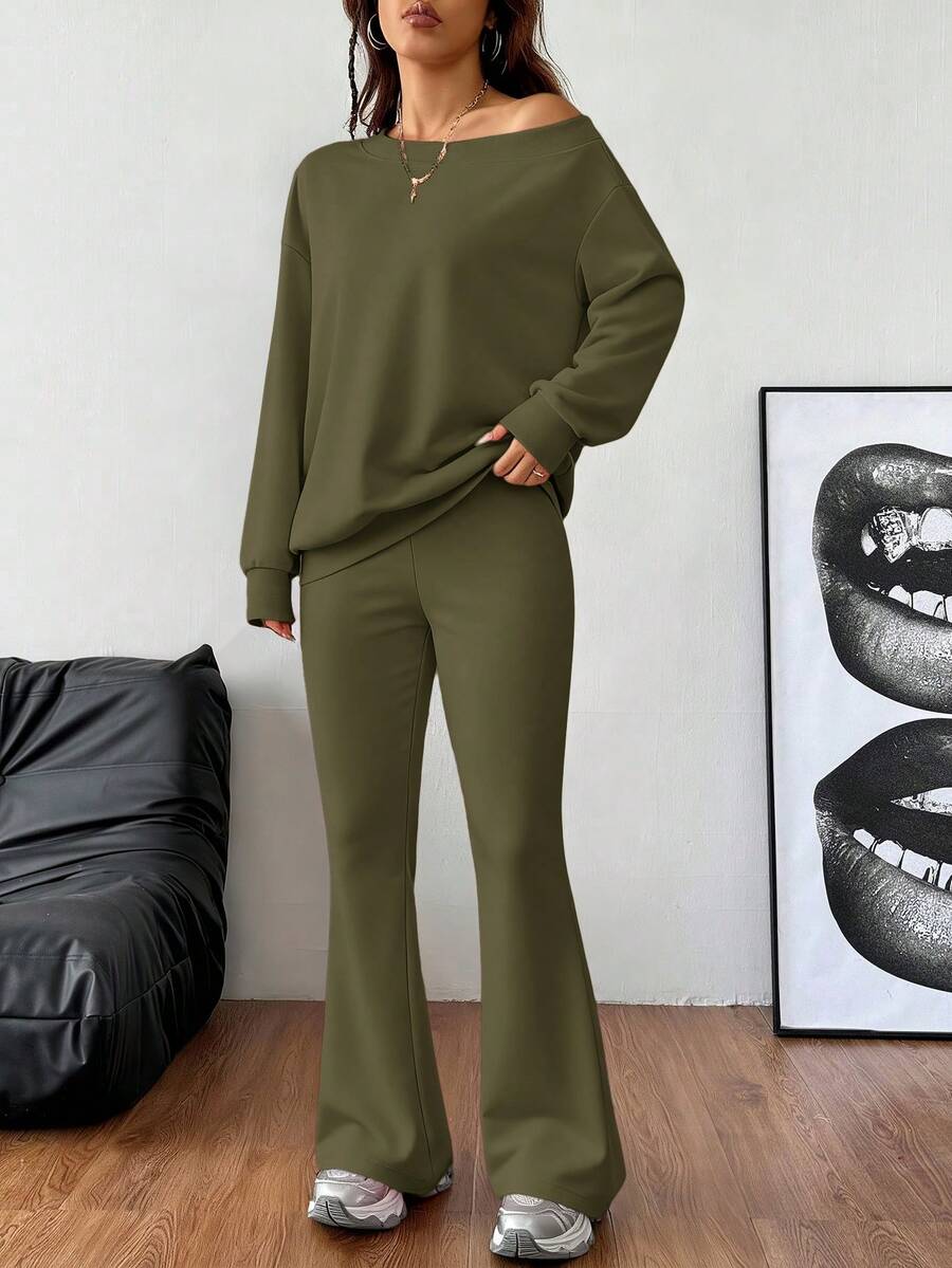 Lässiger Damen-Zweiteiler – Off-Shoulder Sweatshirt & Schlaghose