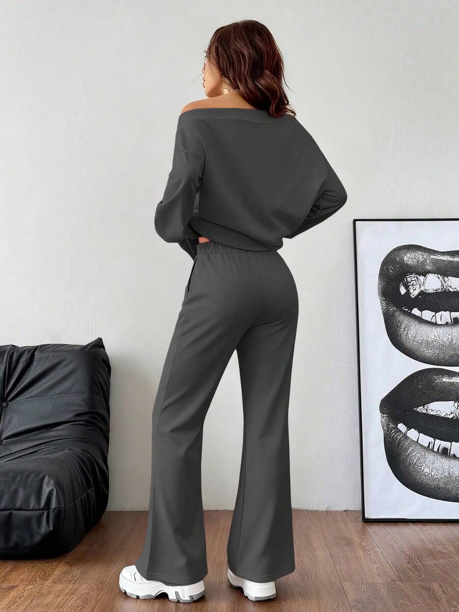 Lässiger Damen-Zweiteiler – Off-Shoulder Sweatshirt & Schlaghose