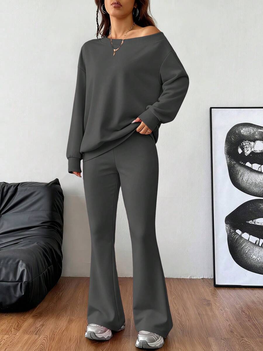 Lässiger Damen-Zweiteiler – Off-Shoulder Sweatshirt & Schlaghose