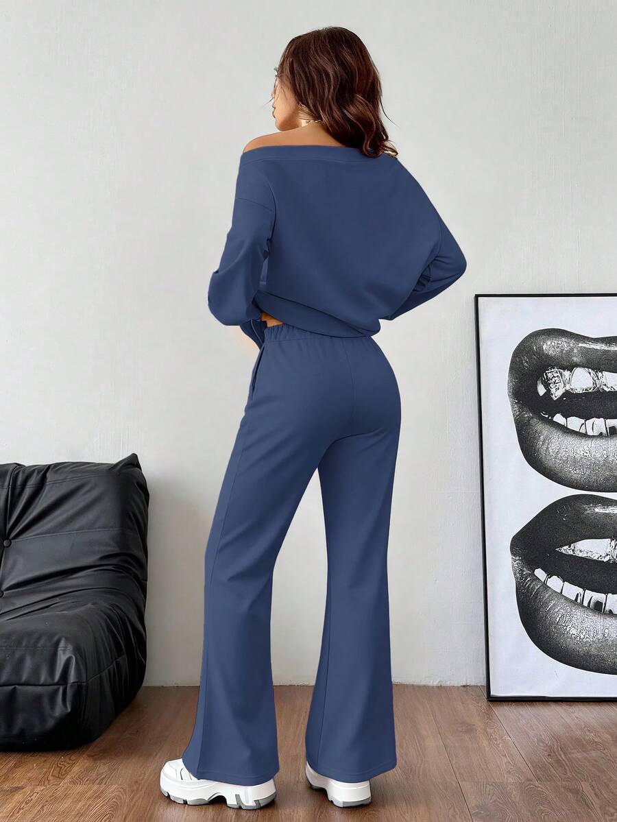 Lässiger Damen-Zweiteiler – Off-Shoulder Sweatshirt & Schlaghose