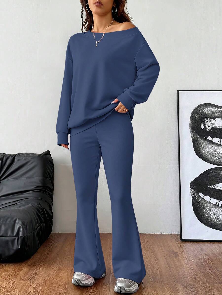 Lässiger Damen-Zweiteiler – Off-Shoulder Sweatshirt & Schlaghose