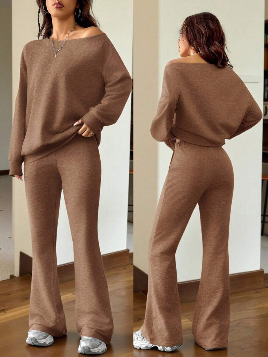 Lässiger Damen-Zweiteiler – Off-Shoulder Sweatshirt & Schlaghose