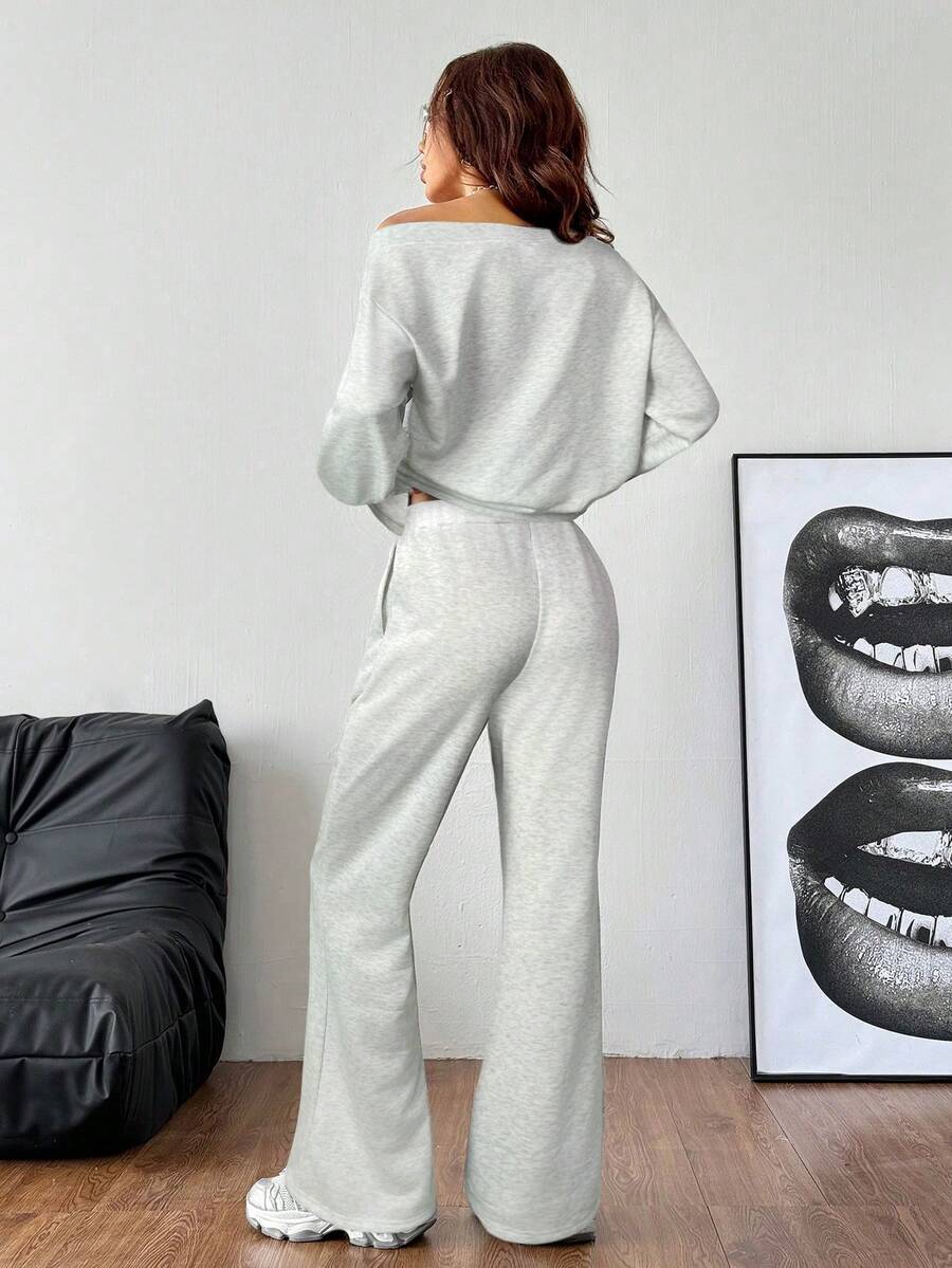Lässiger Damen-Zweiteiler – Off-Shoulder Sweatshirt & Schlaghose
