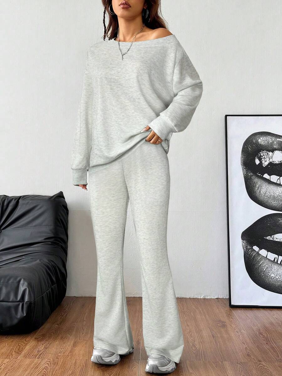 Lässiger Damen-Zweiteiler – Off-Shoulder Sweatshirt & Schlaghose