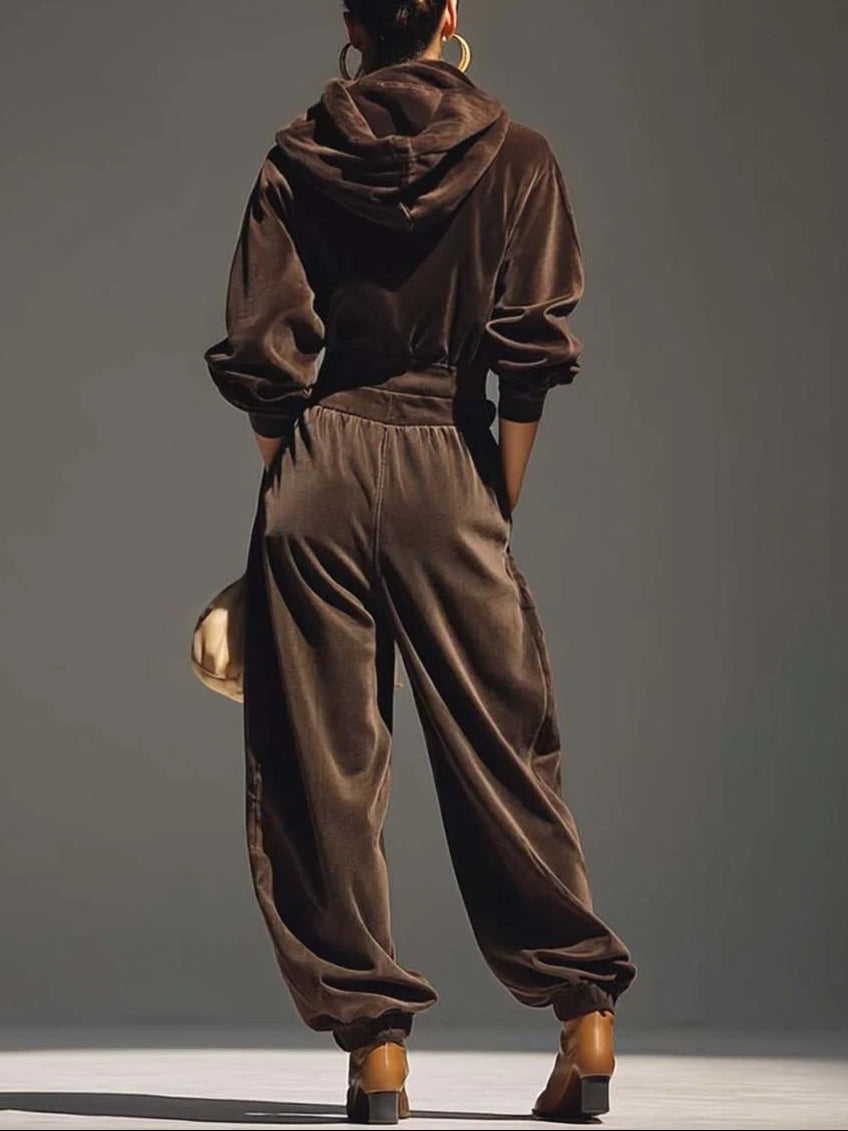 Vintage brauner Samt-Hoodie und lockere Hose Set (inklusive Gürtel)
