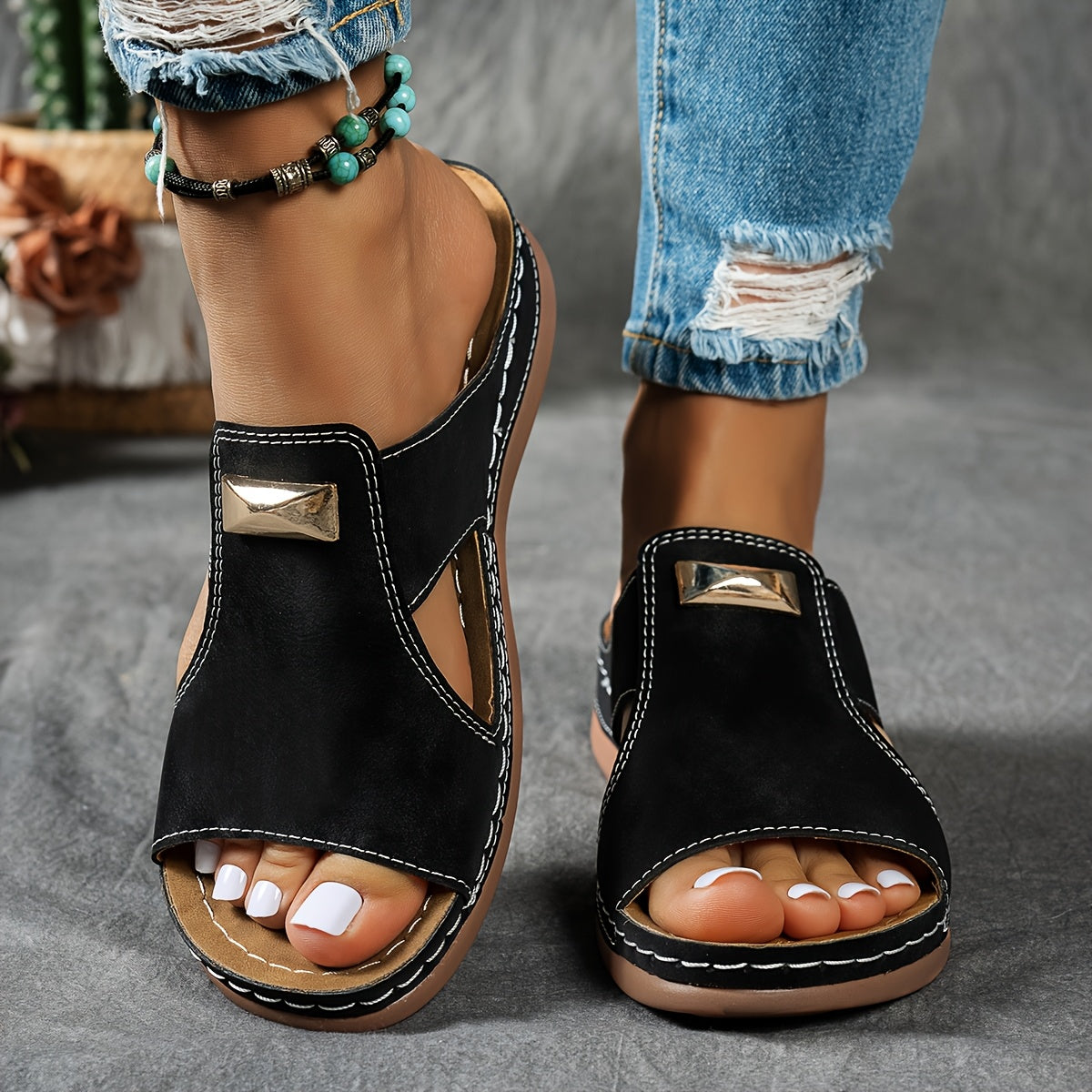 Damen Sommer Retro-Sandalen mit Keilabsatz & mattierter Textur