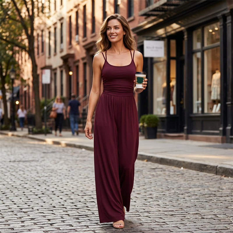☀️ Damen Sommer-Jumpsuit – Spaghettiträger, geraffte Taille, weites Bein