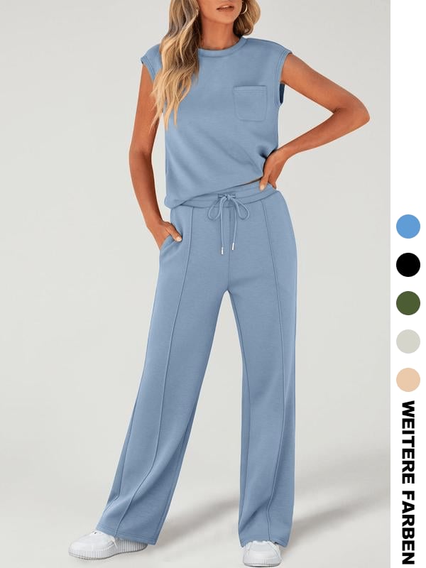 Zweiteiliges Damen-Set aus einfarbigem Tanktop und weiten Hosen mit Kordelzug