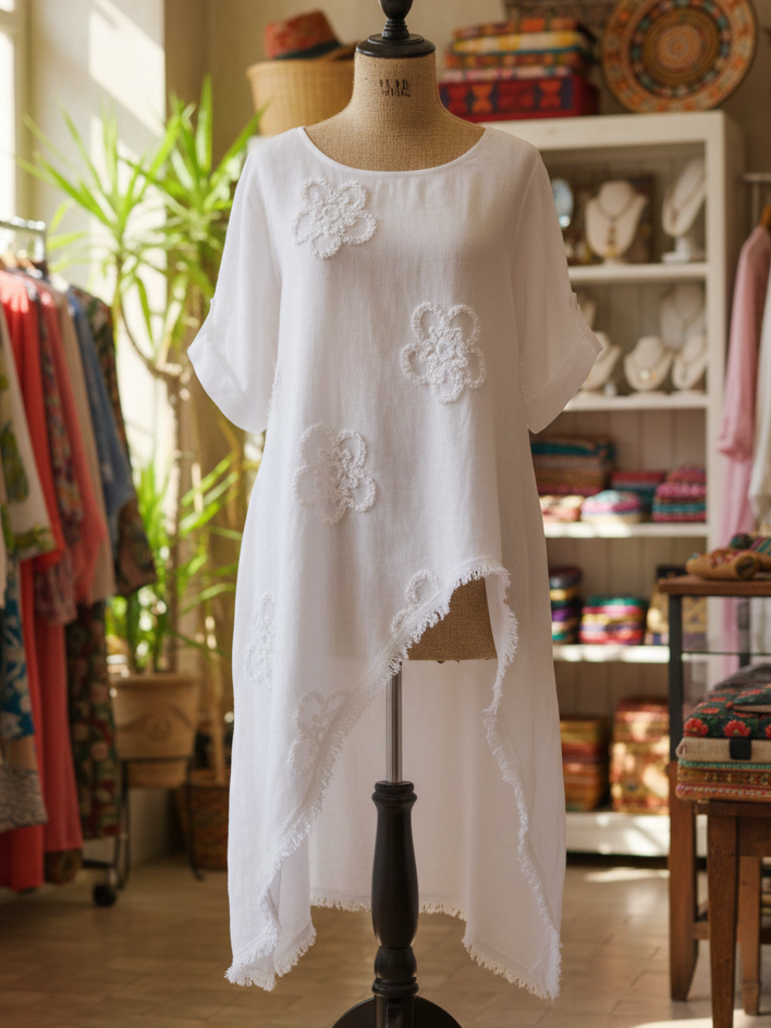 Locker sitzende Baumwollbluse mit Blumenstickerei