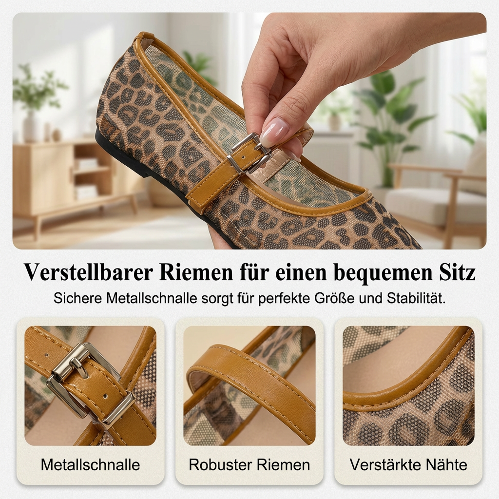 Damen-Ballerinas aus Mesh mit Leopardenmuster