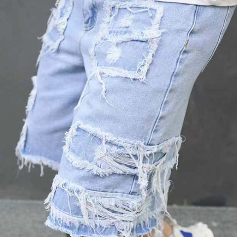 Herren-Ripped-Denim-Shorts mit Fransen-Details