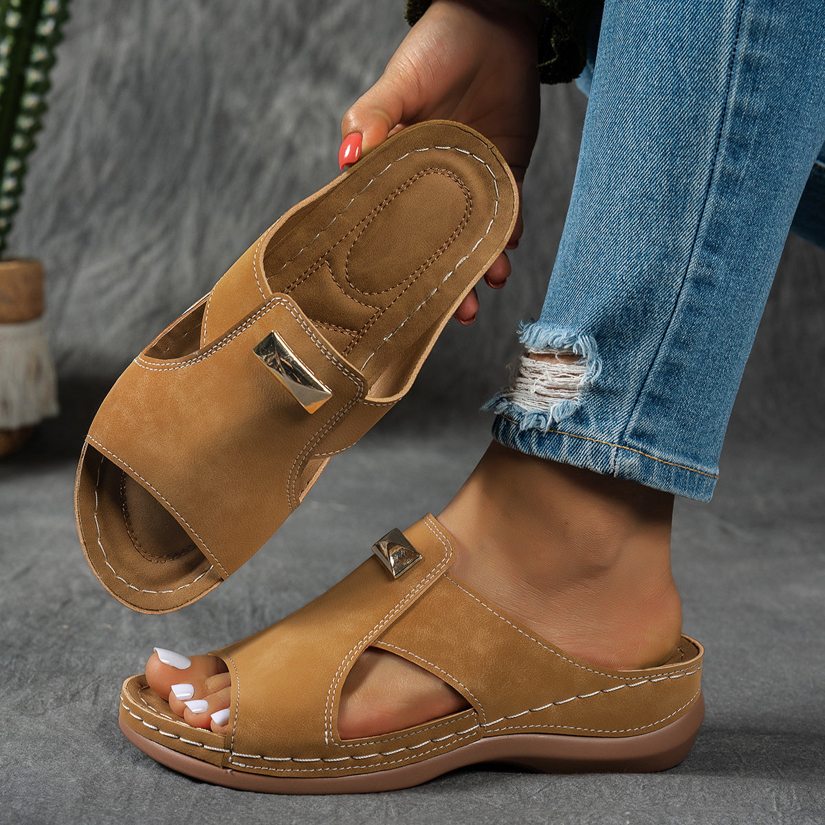 Damen Sommer Retro-Sandalen mit Keilabsatz & mattierter Textur