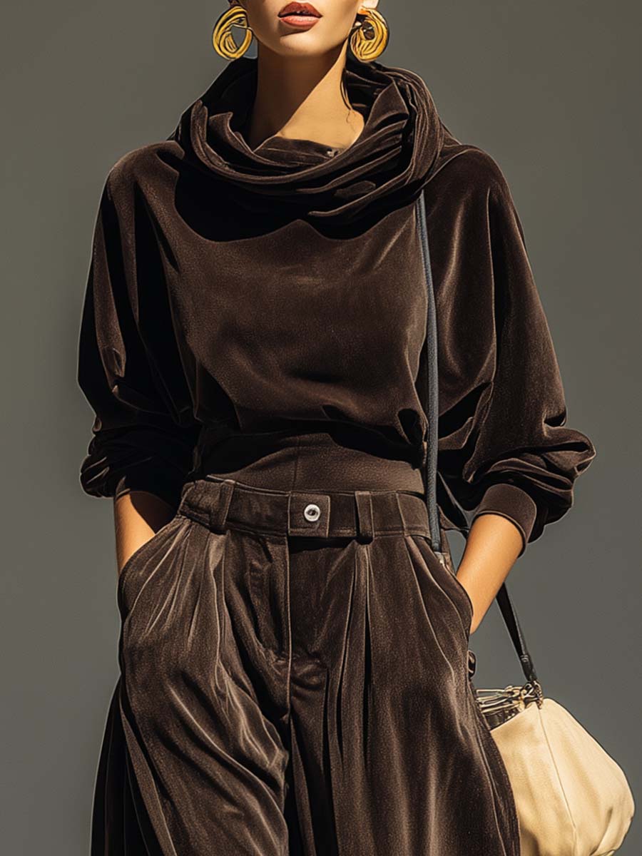 Vintage brauner Samt-Hoodie und lockere Hose Set (inklusive Gürtel)