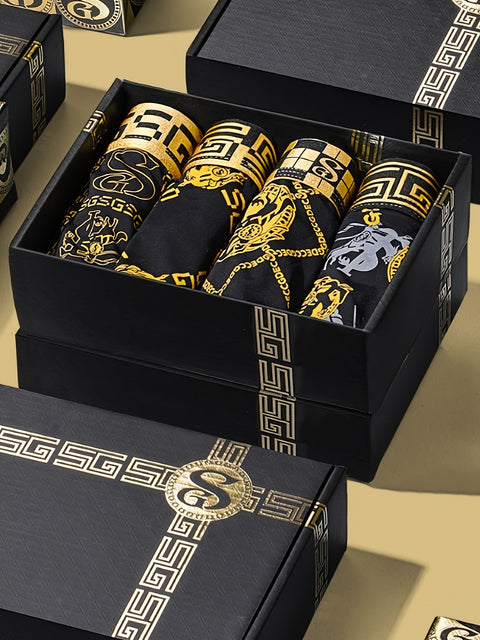 4er-Set Geschenkbox – Luxuriöse Schwarze & Goldene Herren-Boxershorts