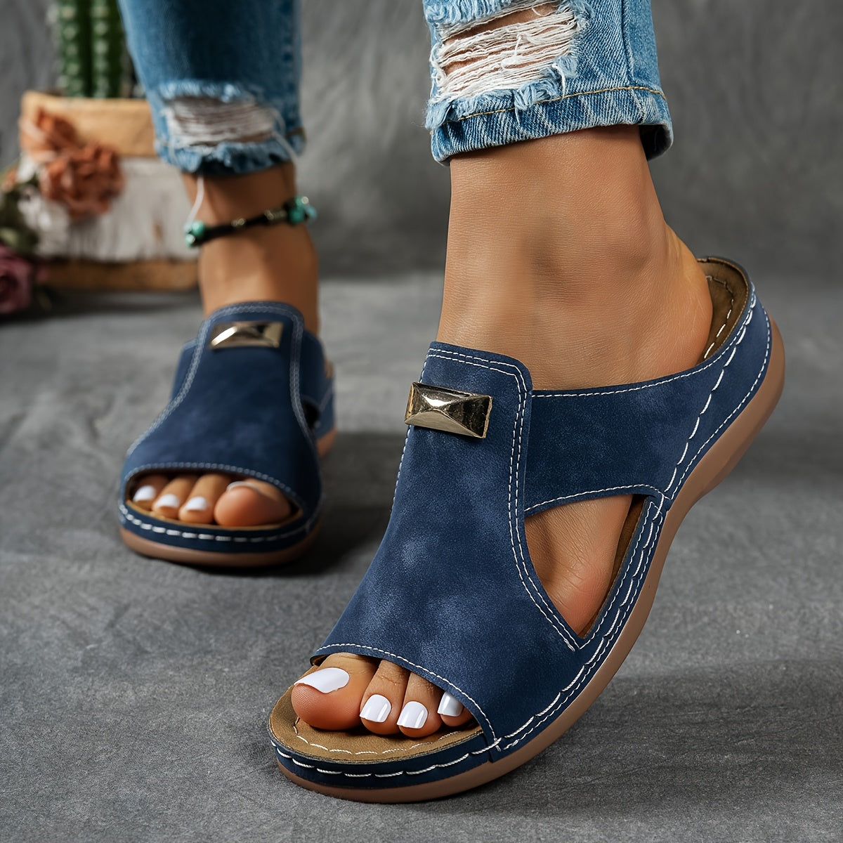Damen Sommer Retro-Sandalen mit Keilabsatz & mattierter Textur