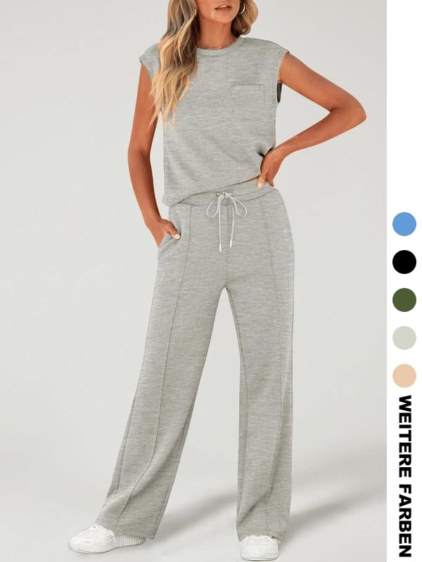Zweiteiliges Damen-Set aus einfarbigem Tanktop und weiten Hosen mit Kordelzug