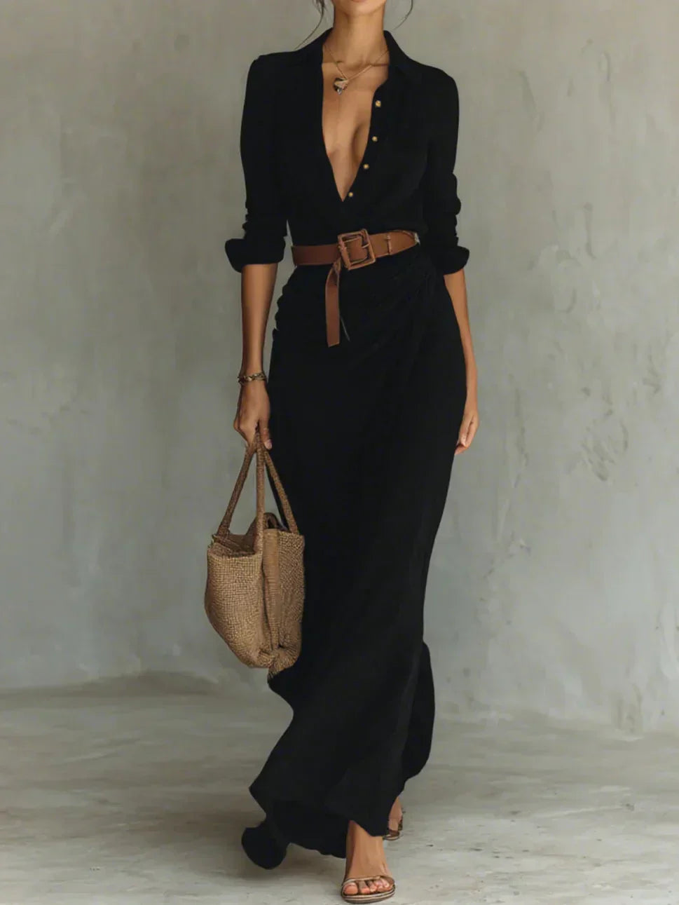 Camille™ | Maxikleid mit Revers und Gürtel in der Taille