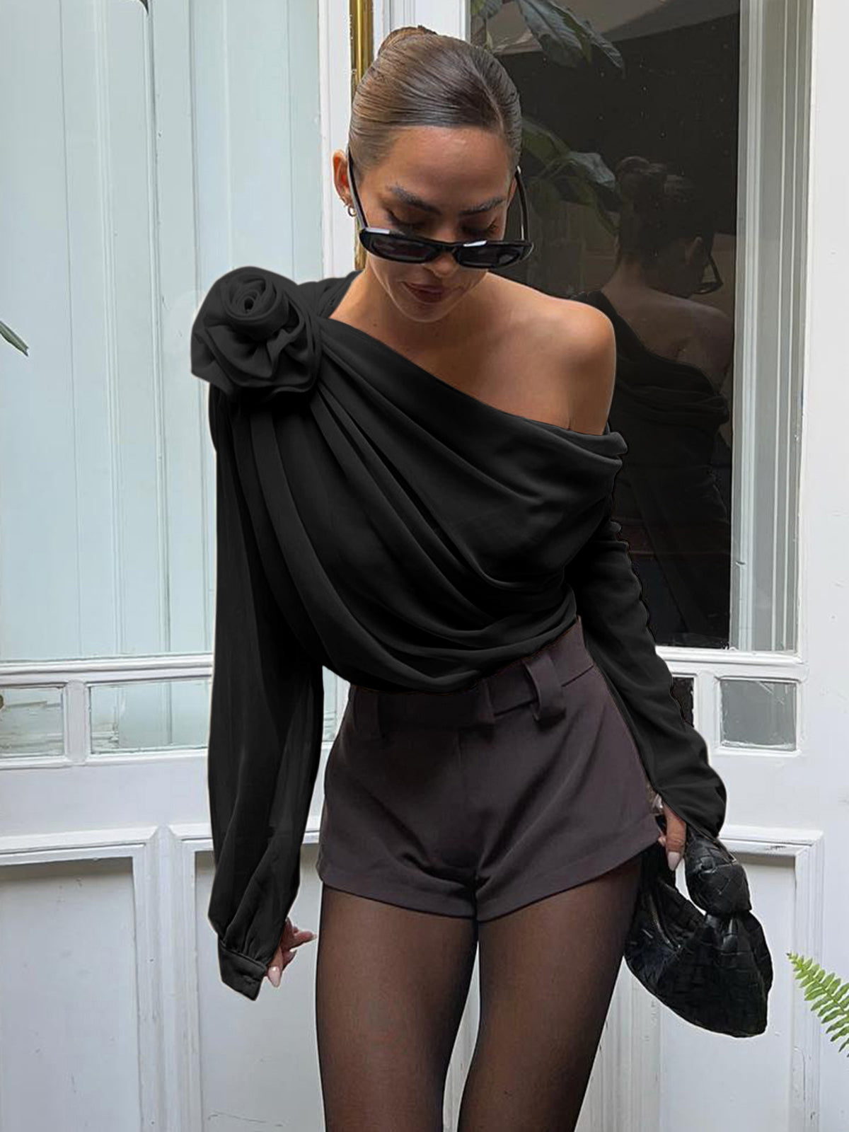 Chiffon Halbtransparentes Ein-Schulter Asymmetrisches Bluse