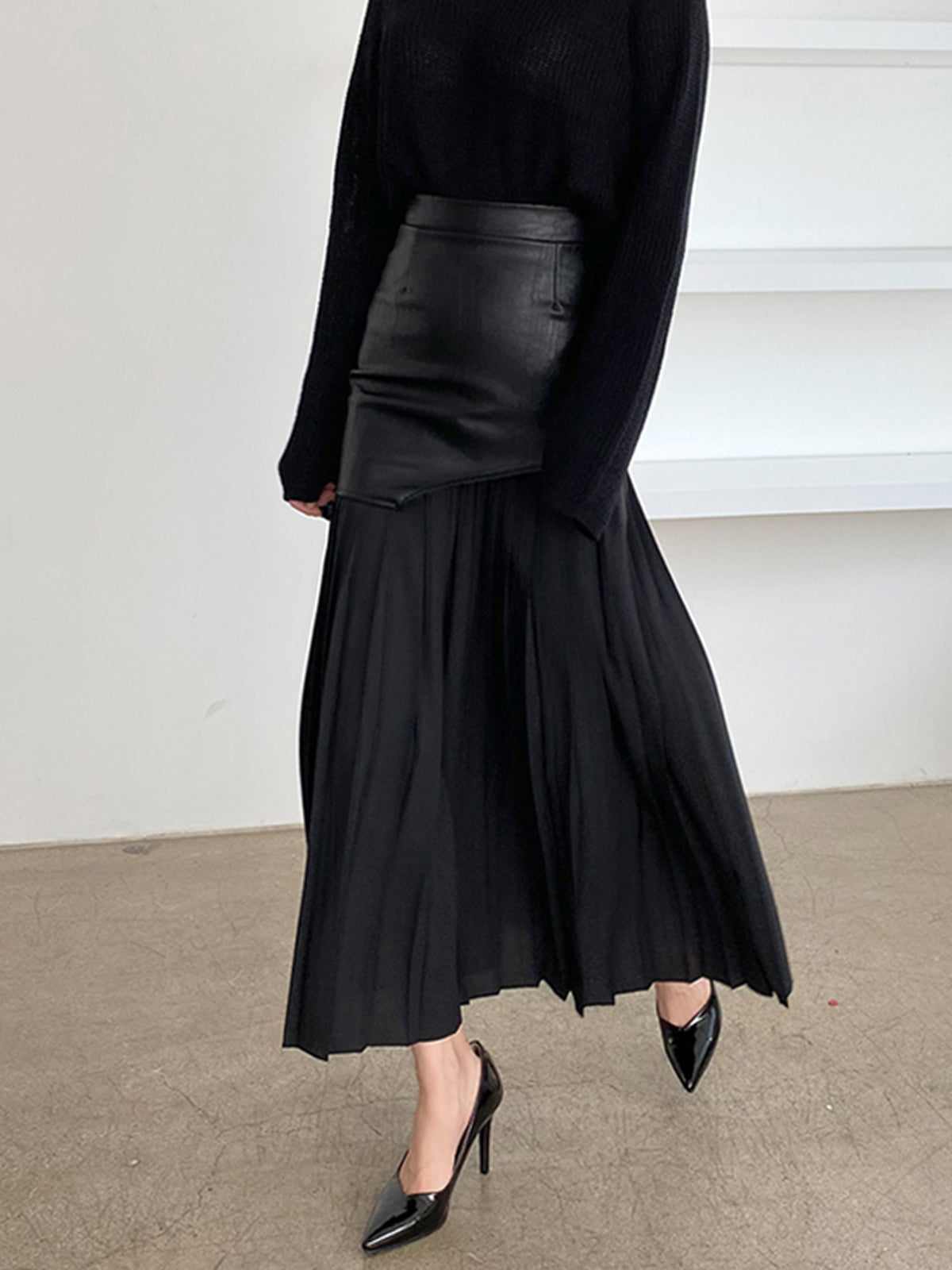 Asymmetrischer Patchwork Chiffon Falten Maxi Rock