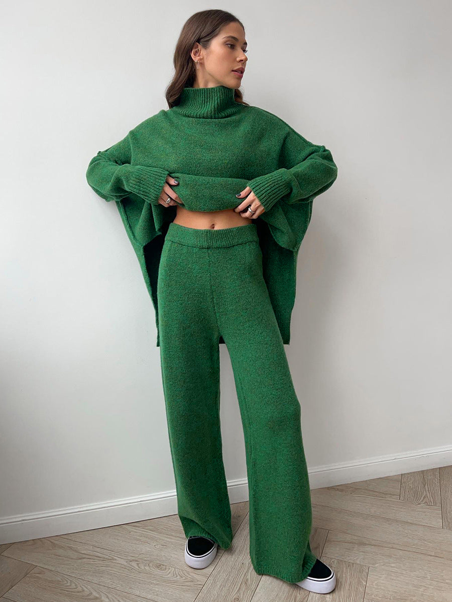 Einfarbiges Rollkragen-Strickhosen-Set