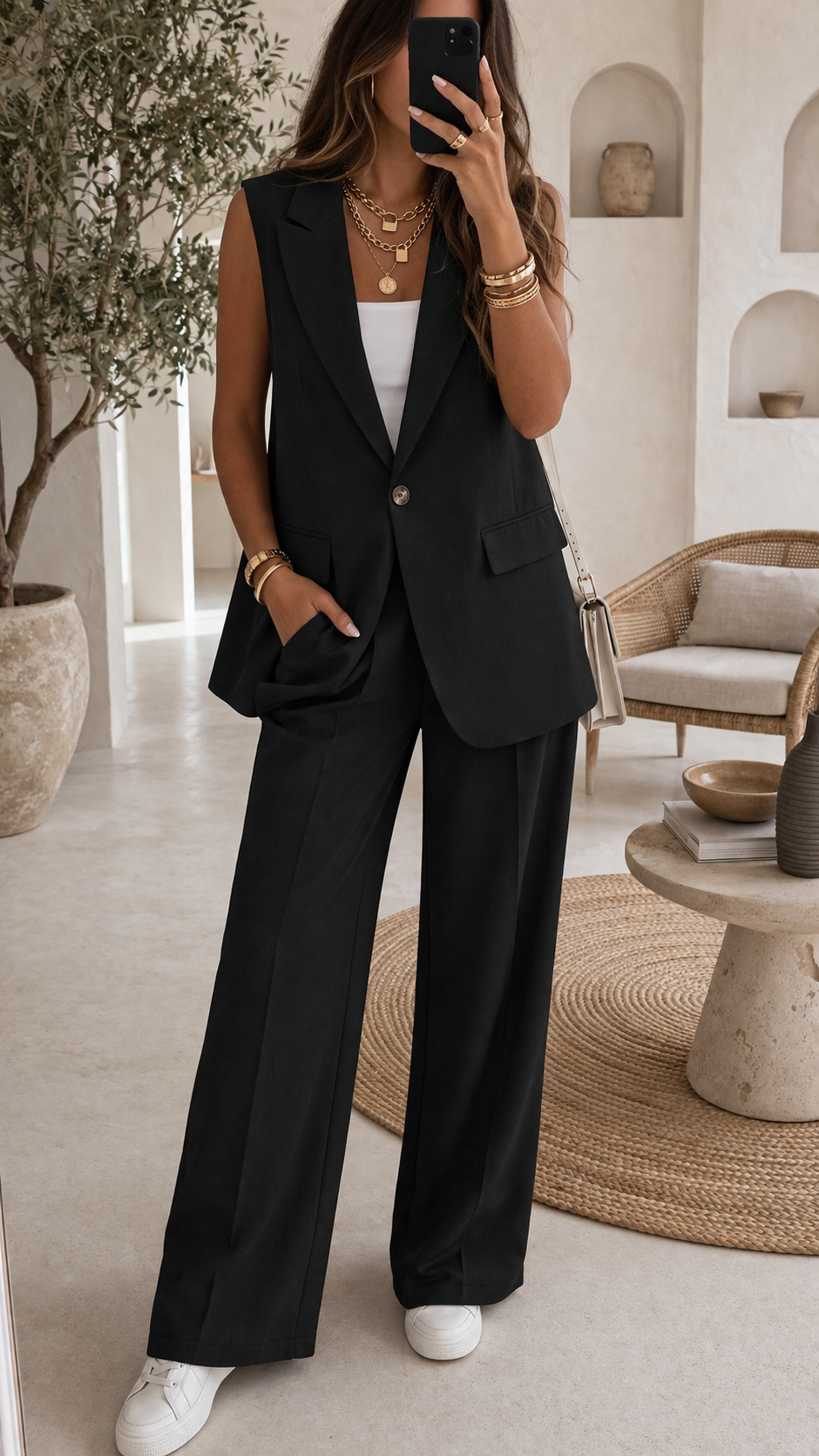 Eleganter Damen-Zweiteiler – Ärmellose Weste & weite Hose