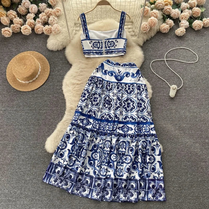 Sommer Amerikanische Blau- und Weiße Porzellanbedruckte 2-teilige Sets Damen Trägerwesten Hohe Taille Knöchellange Röcke Damenbekleidung