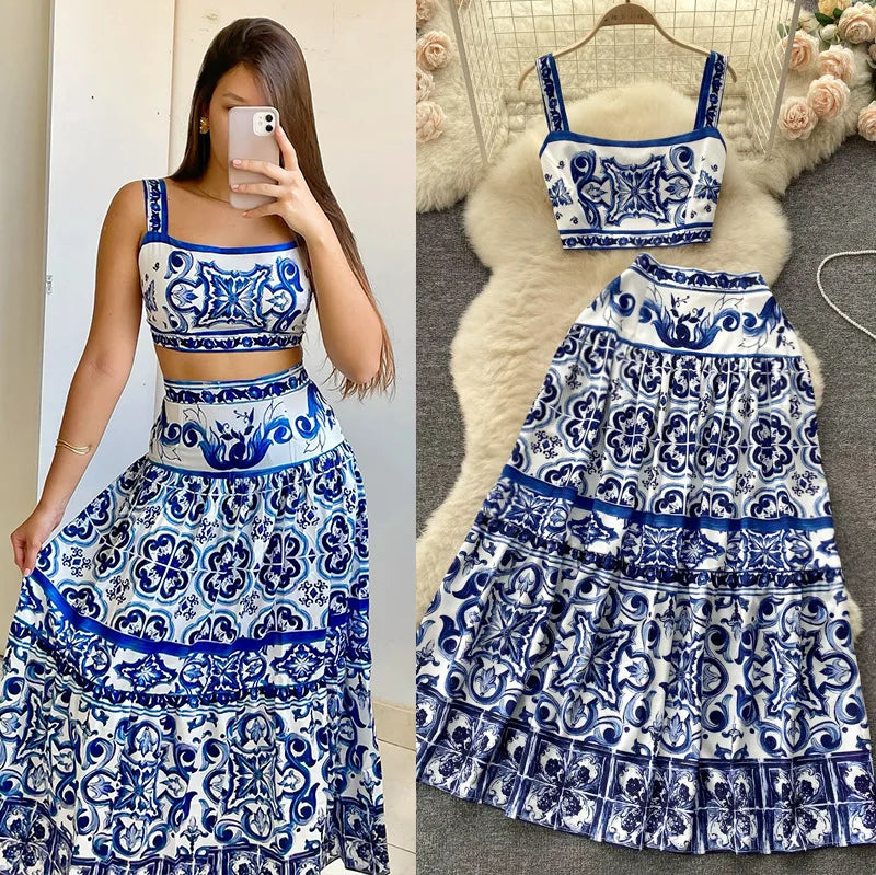 Sommer Amerikanische Blau- und Weiße Porzellanbedruckte 2-teilige Sets Damen Trägerwesten Hohe Taille Knöchellange Röcke Damenbekleidung