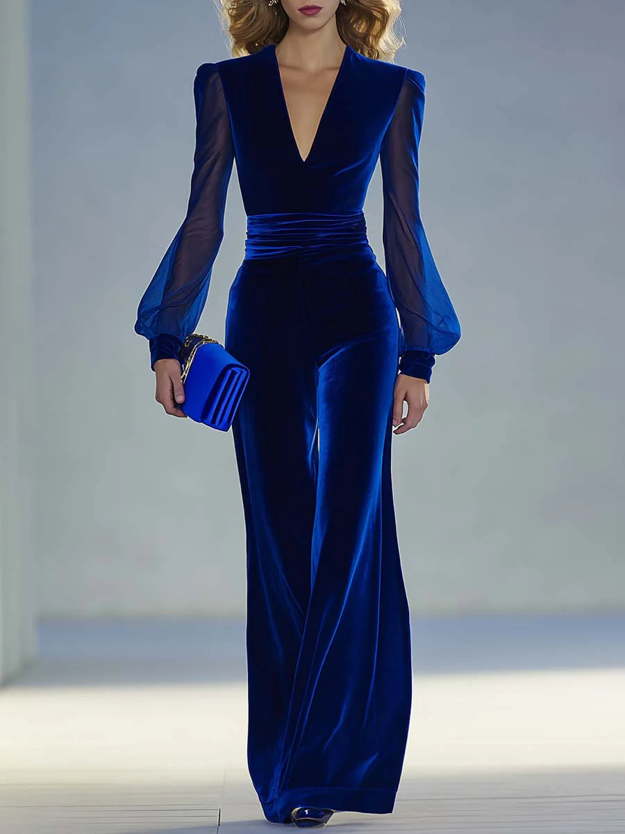 Retro-eleganter V-Ausschnitt Mesh Langarm Royal Velvet Jumpsuit