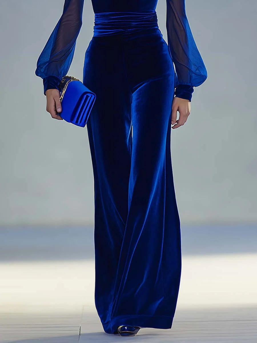 Retro-eleganter V-Ausschnitt Mesh Langarm Royal Velvet Jumpsuit