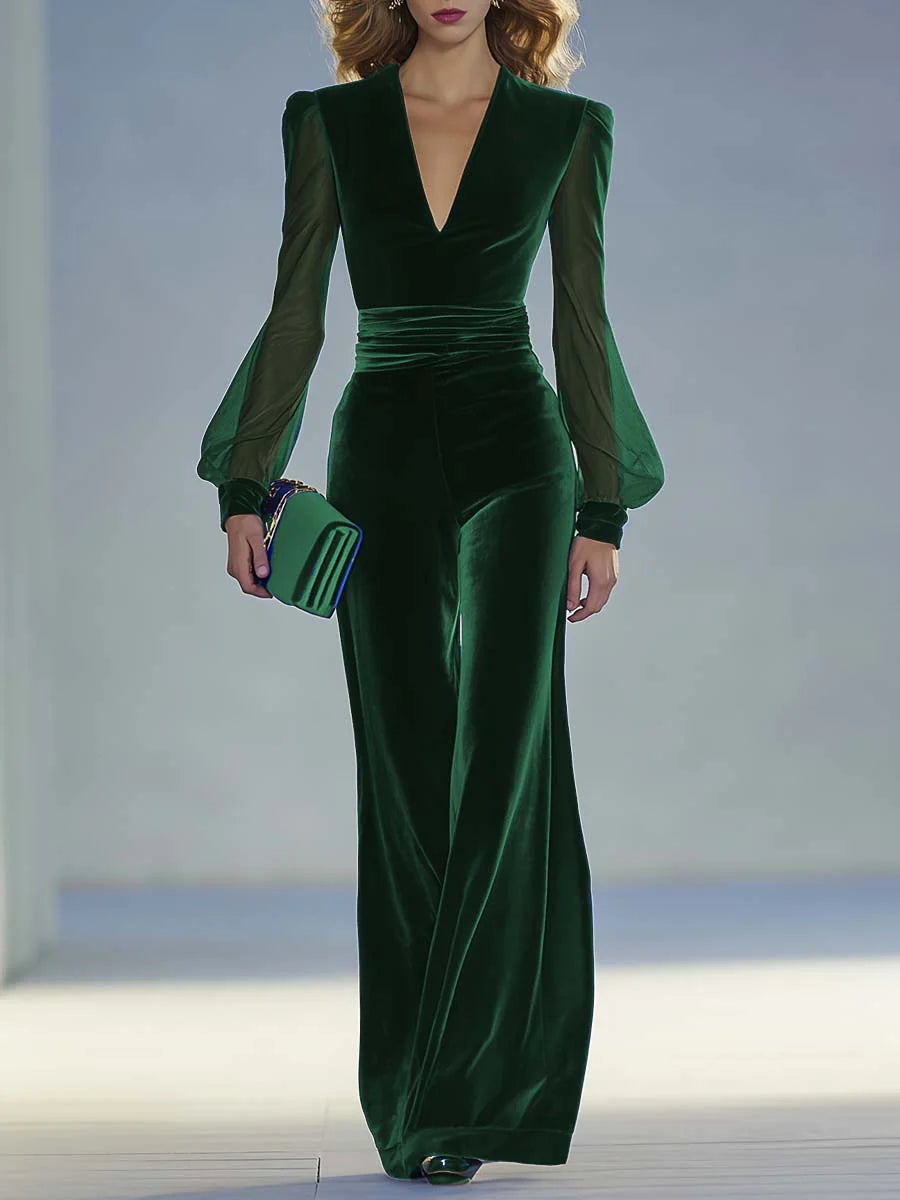 Retro-eleganter V-Ausschnitt Mesh Langarm Royal Velvet Jumpsuit
