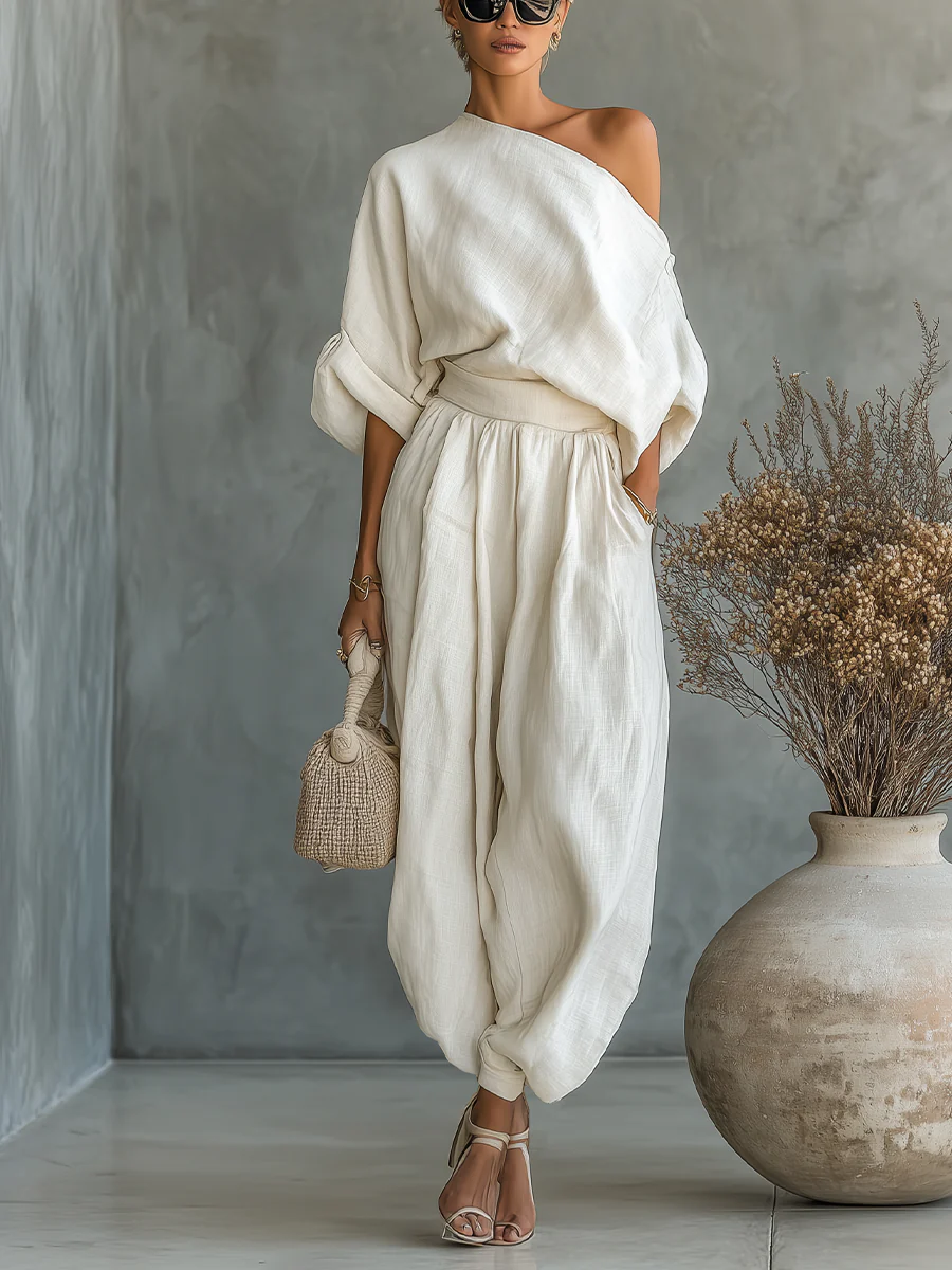 Off-White Leinen Off-Shoulder Lockere Freizeitoberteil und Schmalgeschnittene Hose Set