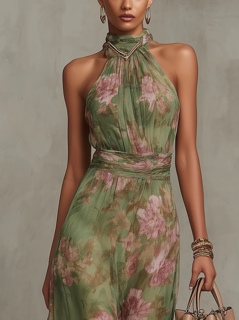 Florine™ | Maxikleid Grün mit Blumenmuster