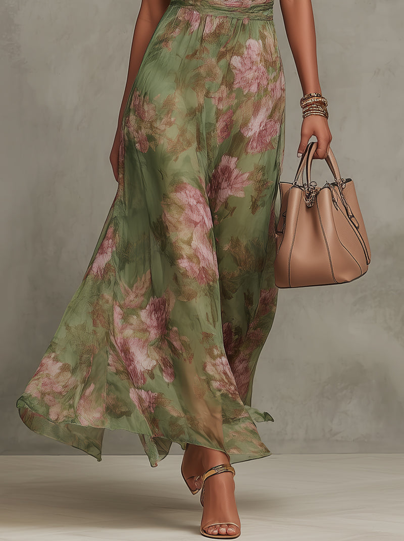 Florine™ | Maxikleid Grün mit Blumenmuster