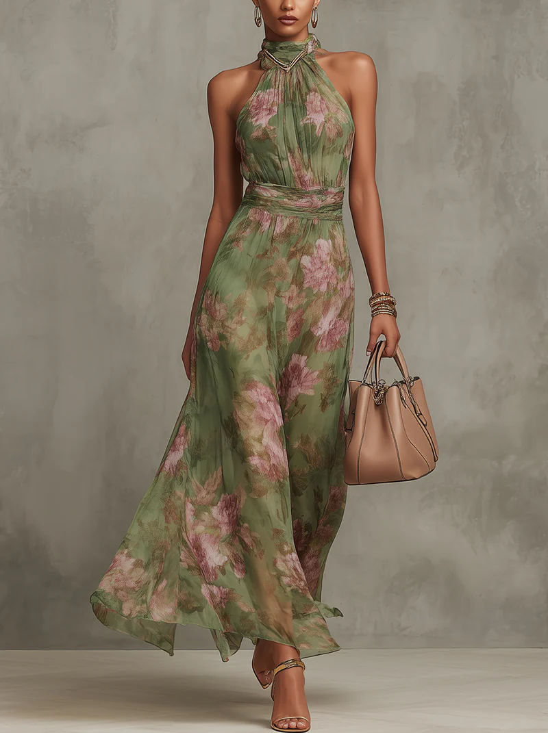 Florine™ | Maxikleid Grün mit Blumenmuster
