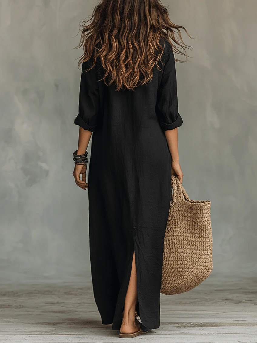 Soline™ | Lockeres schwarzes Maxikleid mit Knöpfen