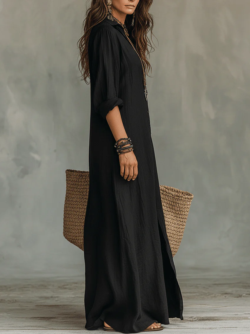 Soline™ | Lockeres schwarzes Maxikleid mit Knöpfen