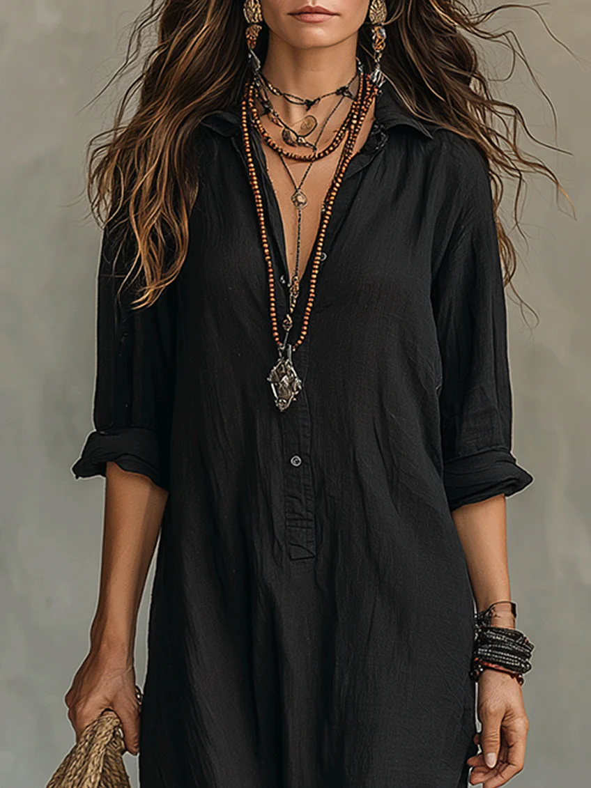 Soline™ | Lockeres schwarzes Maxikleid mit Knöpfen