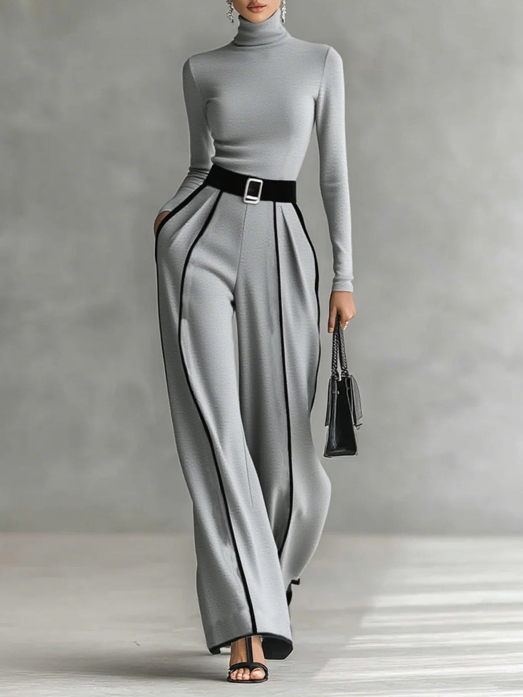 Weißes Trim Hochkragen Langarmtop mit weitem Hosen und Gürtel Set