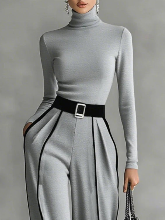 Weißes Trim Hochkragen Langarmtop mit weitem Hosen und Gürtel Set