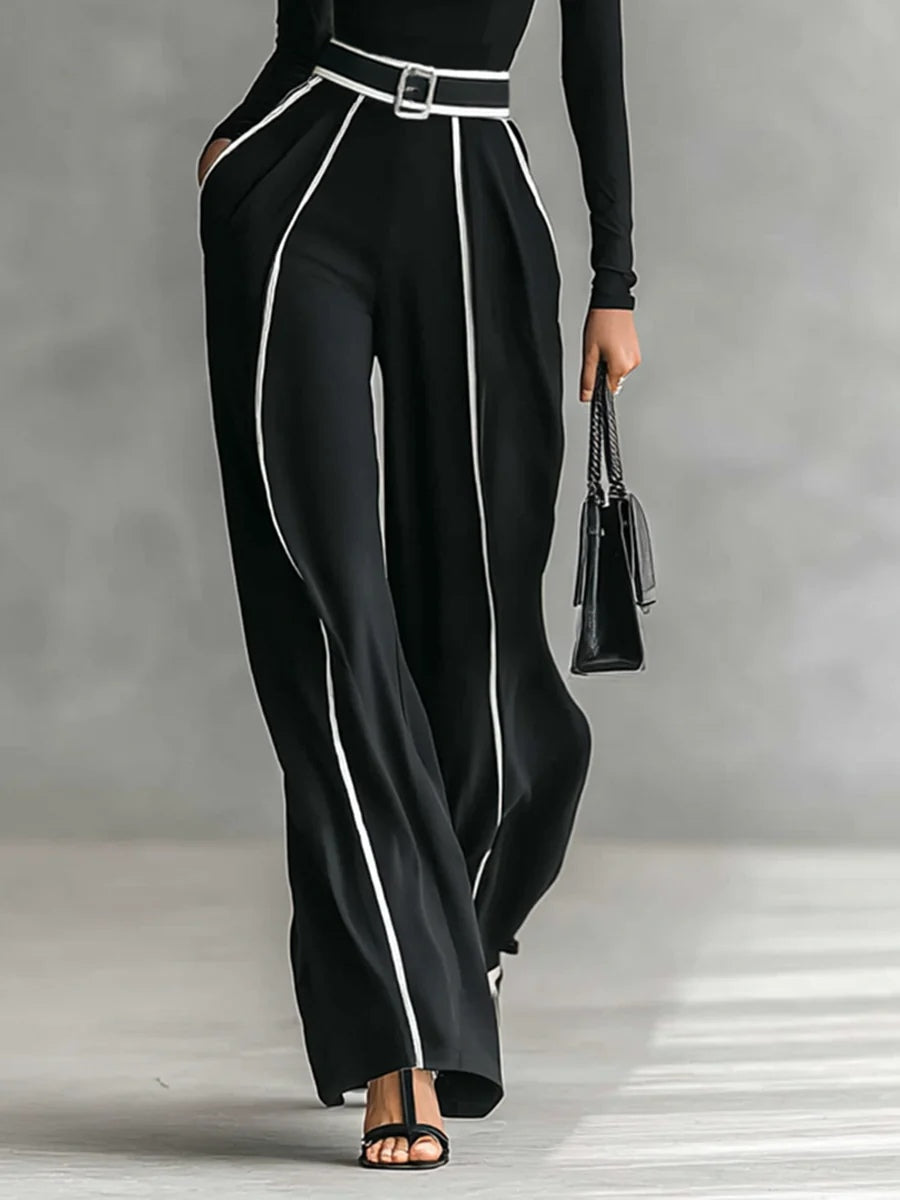 Weißes Trim Hochkragen Langarmtop mit weitem Hosen und Gürtel Set
