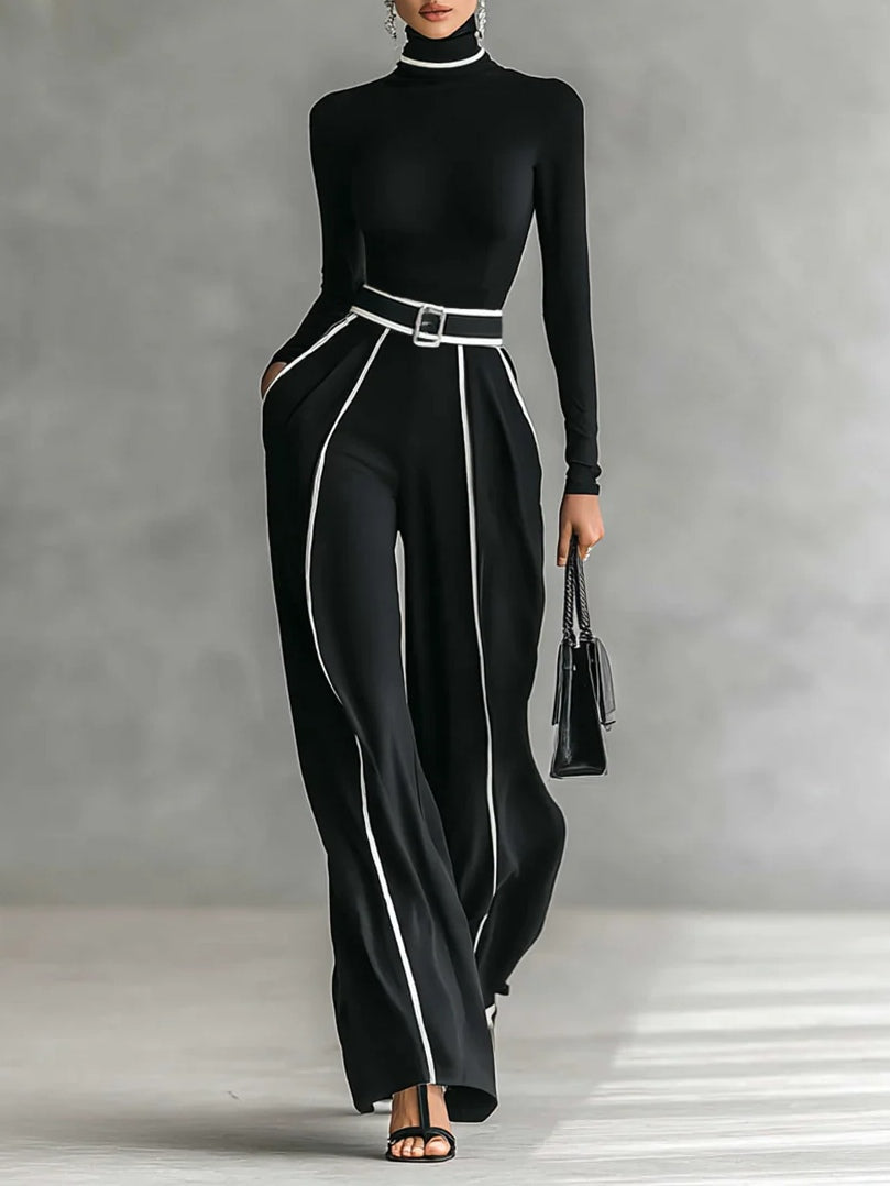 Weißes Trim Hochkragen Langarmtop mit weitem Hosen und Gürtel Set