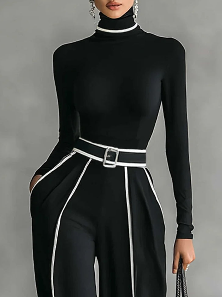 Weißes Trim Hochkragen Langarmtop mit weitem Hosen und Gürtel Set