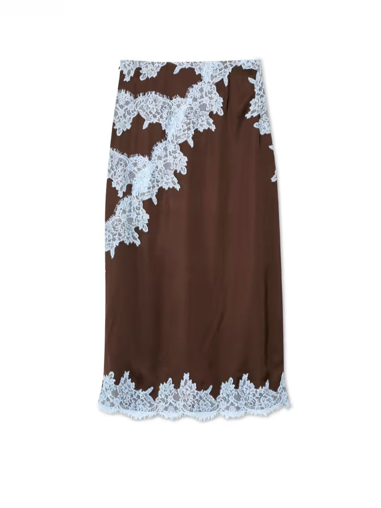 Eleganter Braun- und Blau-Spitzen-Panel-Top + Rock-Anzug-Set